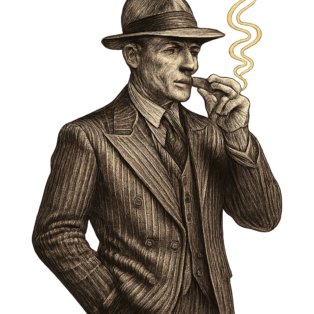 gangster character, 1920s style, pinstripe suit, fedora, cigar, vintage vibe, no background emoji