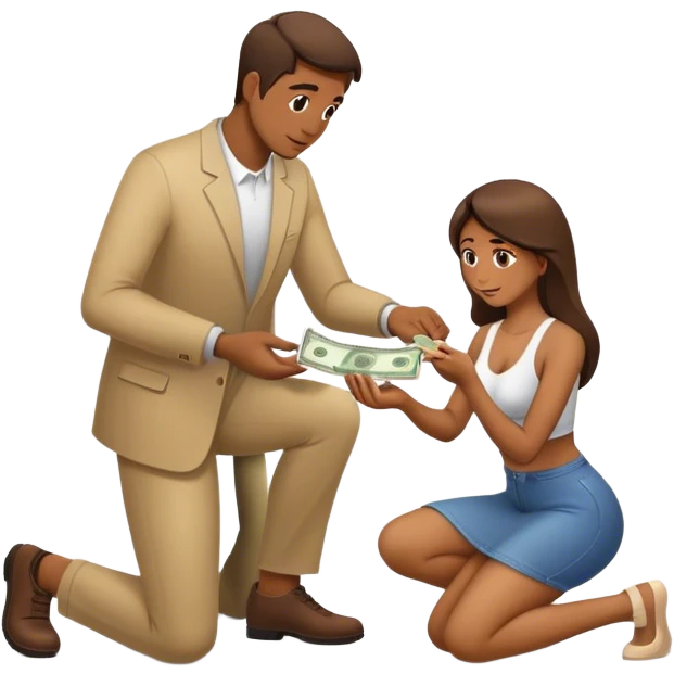Man on knees facing woman handing her money emoji