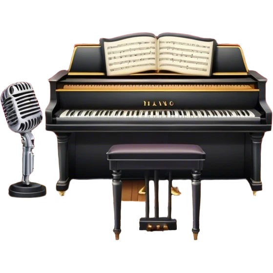 Icon for 50s American Musical Theater: a retro stage with neon lights, a classic microphone on stage, vintage piano, musical notes, vintage theater curtains, and Broadway-style elements. Avoid focusing solely on the piano. Transparent background. emoji