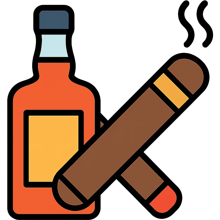 a whiskey bottle and cigar crossed, bold, modern icon style, colorful lineal icon with black outlines emoji