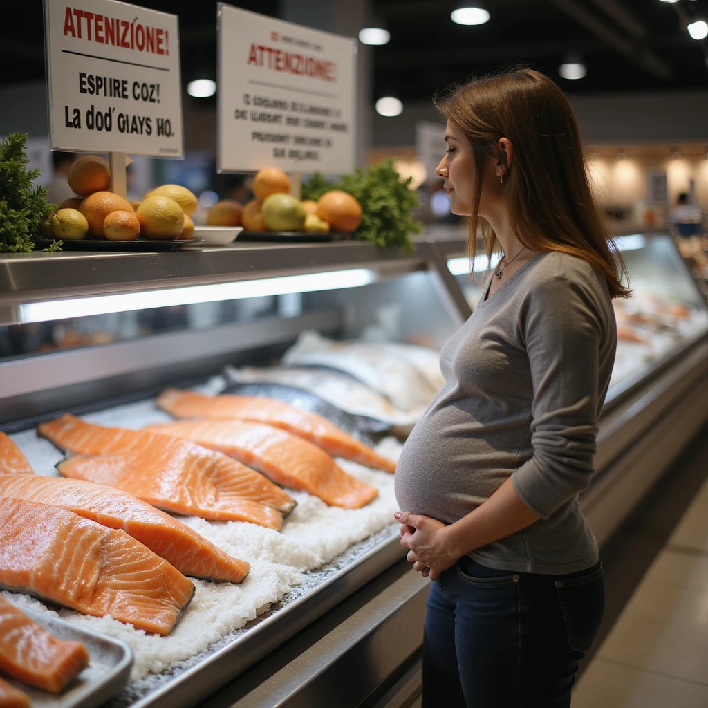realistic pregnant woman in 4K approaching the fish counter and seeing a sign that says: 'Attenzione! Il consumo di salmone crudo puo comportare rischi in gravidanza' emoji