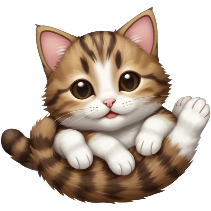 dark brown tabby and white kitten in funny positions stretched our upside down with eyes closed emoji