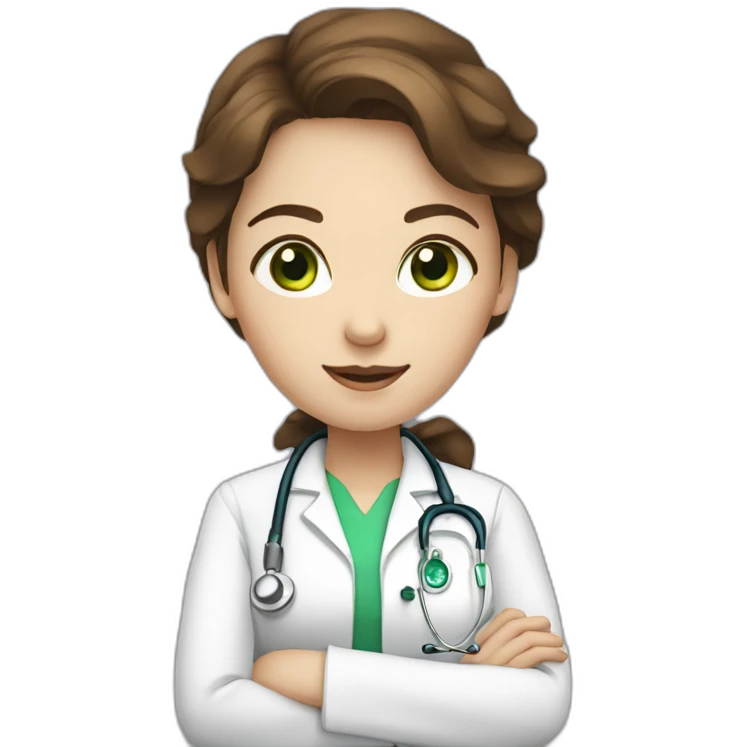 Doctor woman with brown hair, white skin and green eyes emoji