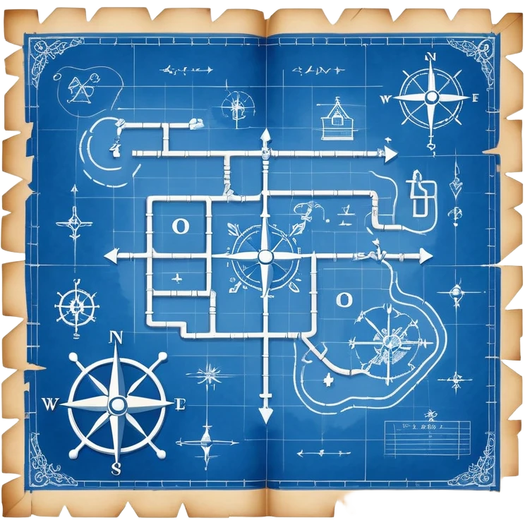 blue blueprint plan with white treasure map symbols and a path emoji