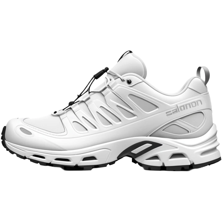 Totally white Salomon XT-6 sneakers with absolutely no color accents, clean white monochrome design, one shoe behind the other, simplified iOS emoji style emoji