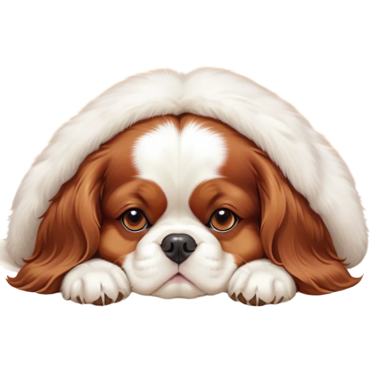 Cinematic Chubby Sleeping Cavalier King Charles Spaniel Portrait Emoji, Chubby and serene, with a round, endearing build and a plush, silky coat of rich chestnut and white, eyes gently closed in peaceful slumber, Simplified yet irresistibly endearing features, highly detailed, glowing with a gentle, dreamy glow, high shine, relaxed and content, stylized with a touch of whimsy, bright and heartwarming, soft glowing outline, capturing the essence of a blissfully sleepy companion, so comically serene it feels like it could roll out of the screen and snore with adorable charm! emoji