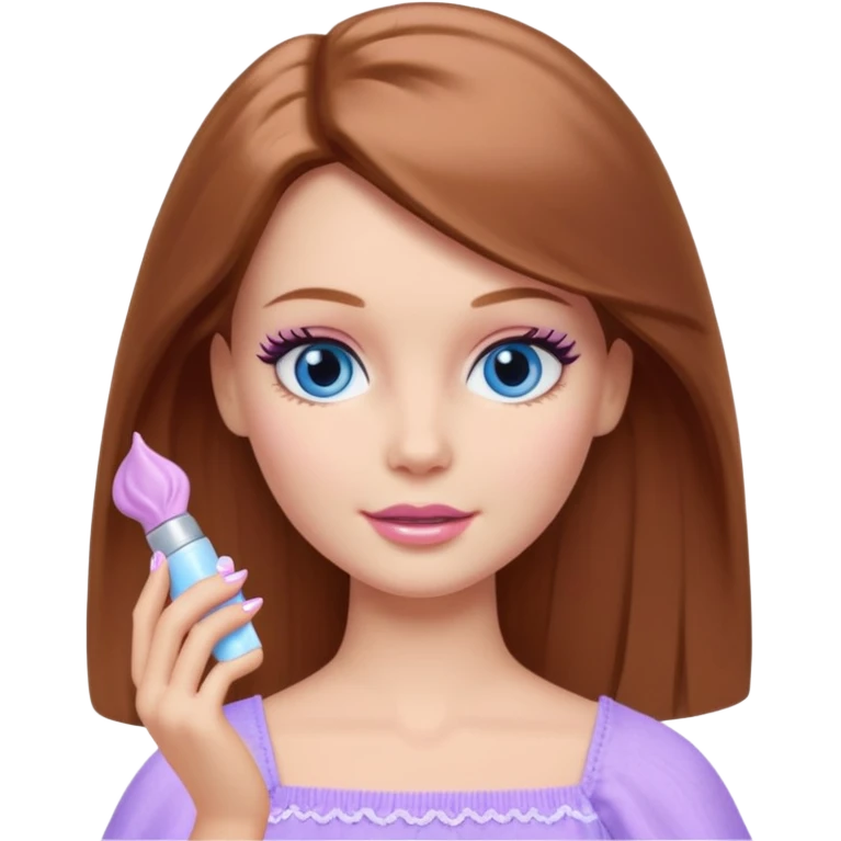 Barbie girl Chestnut Shoulder-length hair and blue eyes is In pale purple applying cream on face emoji