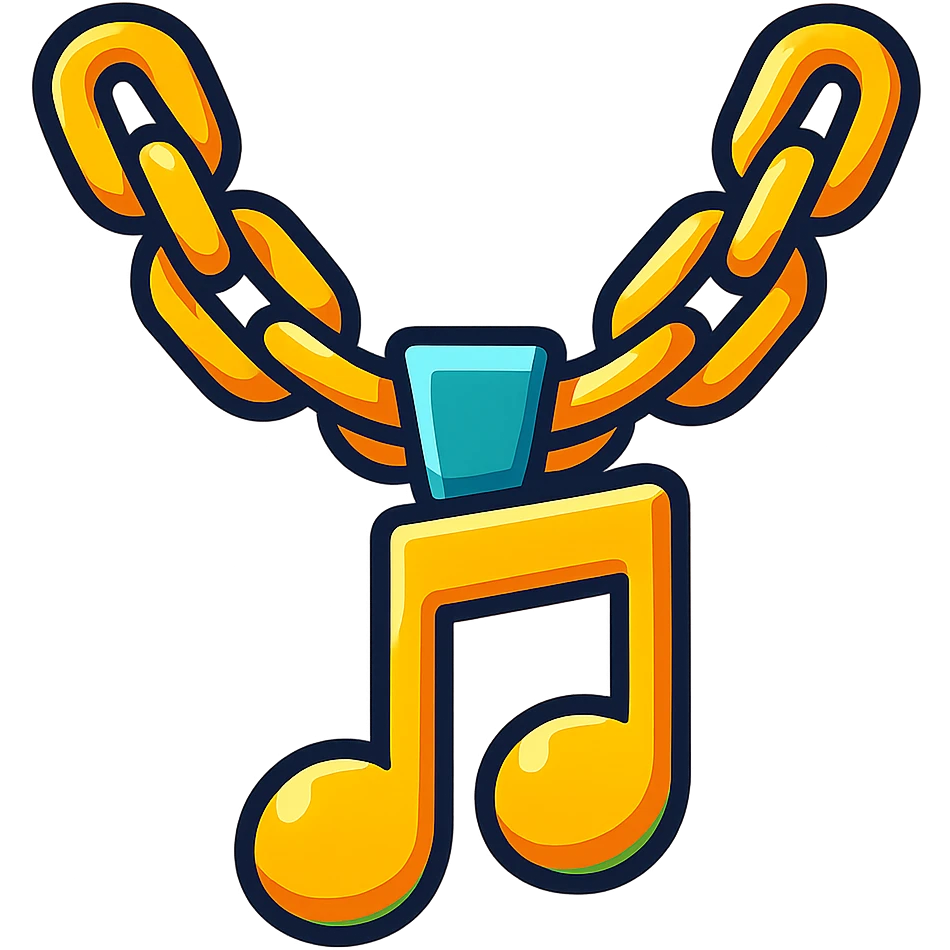 gold chain with music note pendant blending hip-hop and gaming vibes flashy eye-catching style streaming community badge emoji