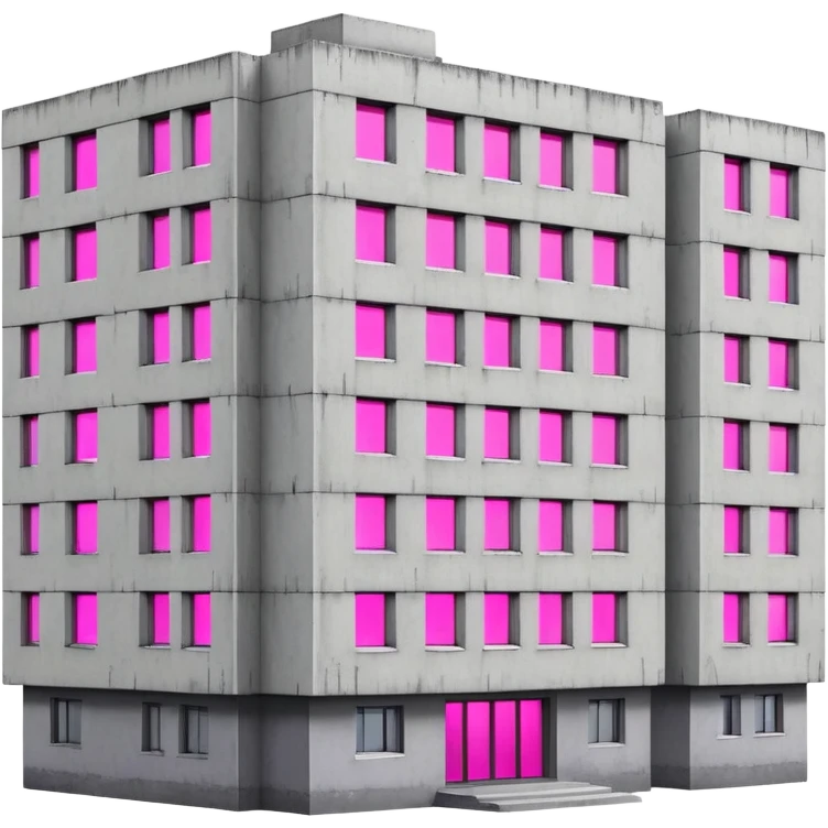 Soviet-era concrete rectangular apartment block with a single window emitting bright pink UV light, stark gray facades with slight disrepair emoji