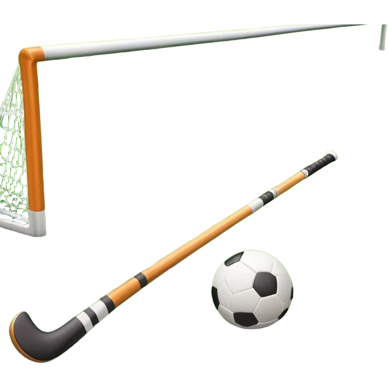 A field hockey stick and ball resting on a well-maintained green grass field, with the goalposts and markings visible in the background. The scene highlights the precision and focus of the sport, with the vibrant green pitch creating a dynamic atmosphere. emoji