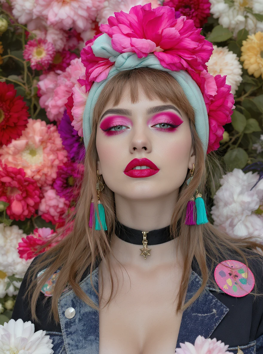 Closeup photo of a woman around colorfull flowers wearing alternative fashion emoji