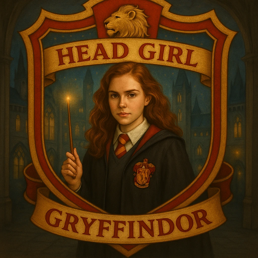 Make this Gryffindor head girl badge more realistic, with a lifelike girl in a Hogwarts uniform, realistic wand, and a detailed lion symbol, keeping the red and gold border and magical school setting. emoji