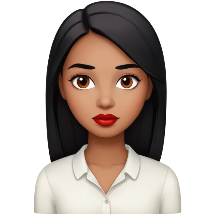 Young woman with medium to dark brown skin, oval face, high cheekbones, dark brown eyes, thick eyebrows, red lipstick, long straight black hair, wearing a white blouse emoji