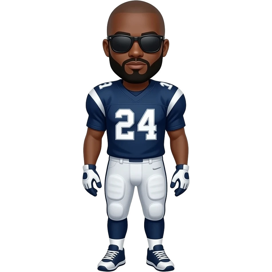 A bald black an with a beard in shades with a football jersey with whole body emoji