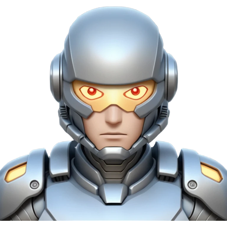 mechanical armored man portrait, head and shoulders only, futuristic metal armor, glowing energy lines, robotic shoulder plates, intense expression, sci-fi warrior vibe, 3D cartoon style, mobile game icon style, clean background, no text, no watermark
  emoji