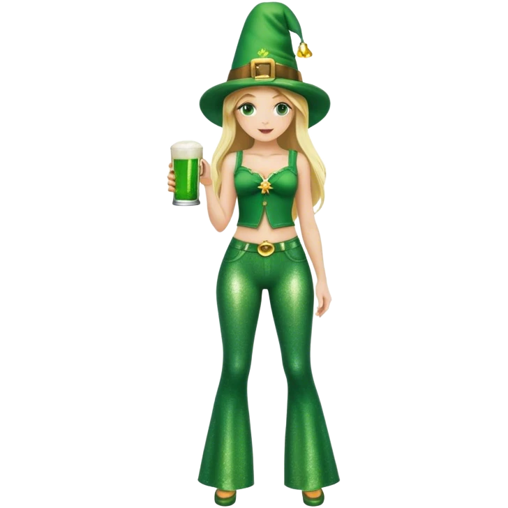 Blonde haired girl in glittery green bell bottoms and tall leprechaun hat holding a green beer emoji