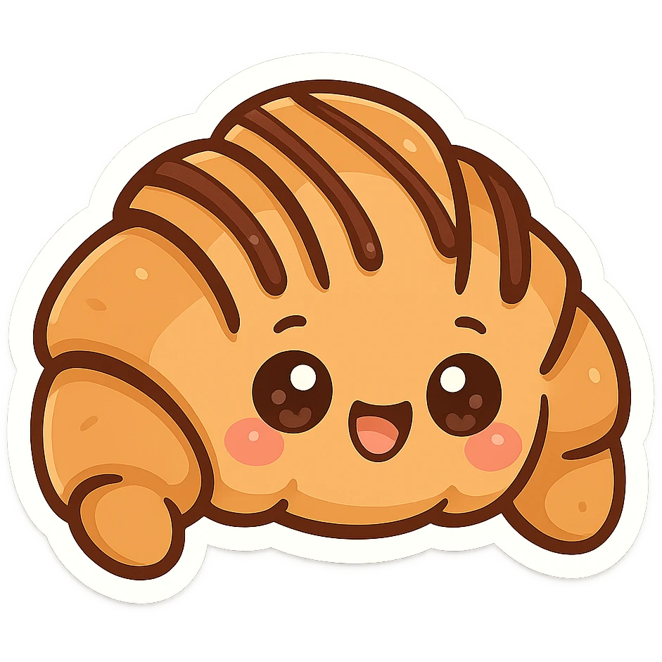 chibi sticker-style croissant with chocolate drizzle, cute and exaggerated emoji