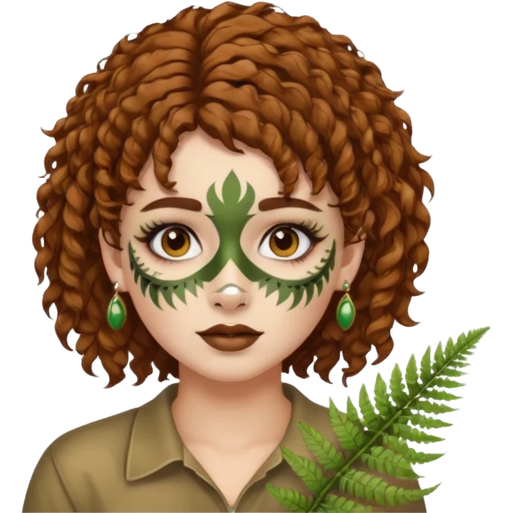 portrait woman short curly brown mullet hair brown eyes white skin with fern face paint and nose ring emoji