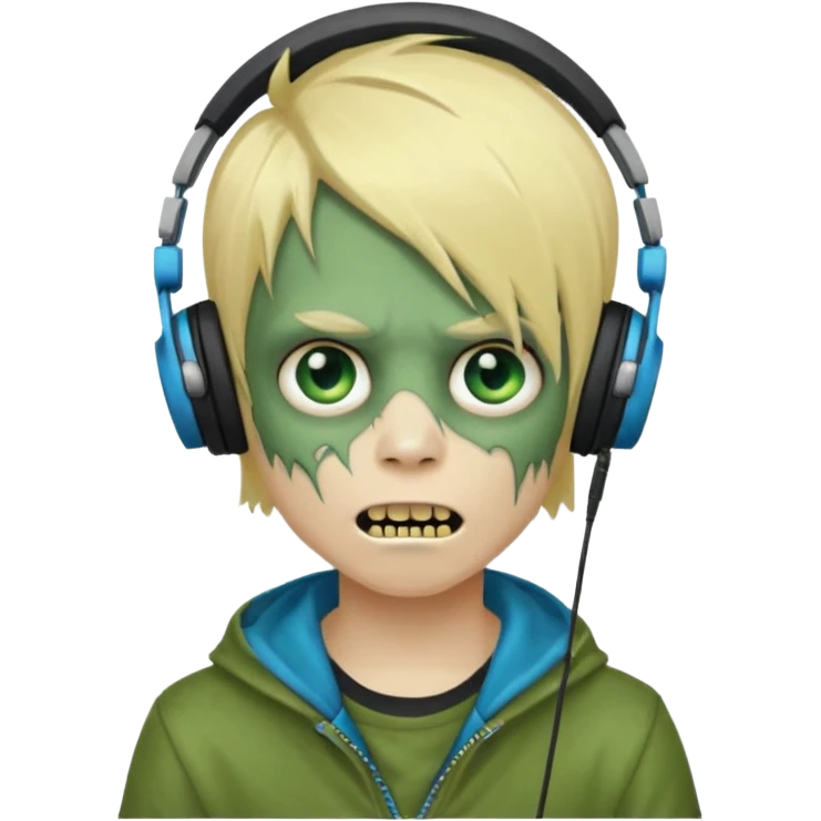 boy zombie whit blonde emo hair and eyes blue and GREEN SKIN and heandphones AND A MICROFONE and gold teeth emoji