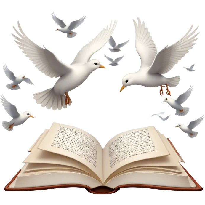 Icon for Poetry Reading: an open book with flowing verses, with pages transforming into a flock of white birds flying away. The icon should evoke the beauty, freedom, and emotional depth of poetry. Transparent background. emoji