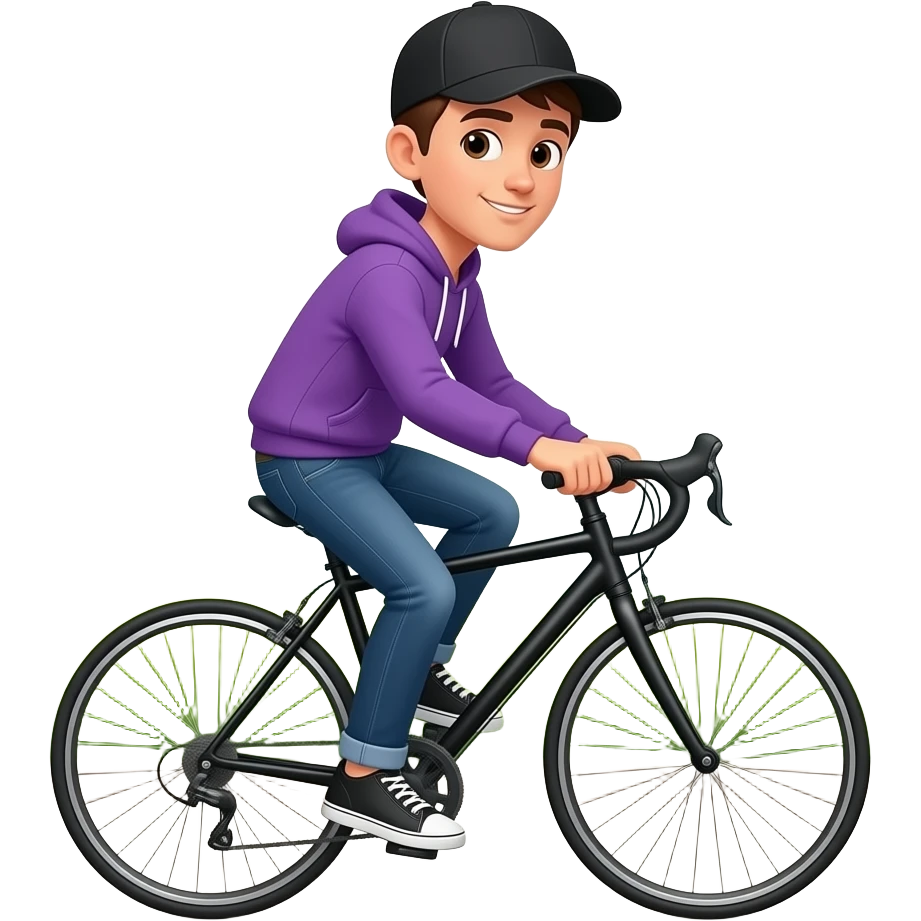 tall skinny guy with black basecap and purple hoodie and jeans rides a black bycicle with nature background emoji