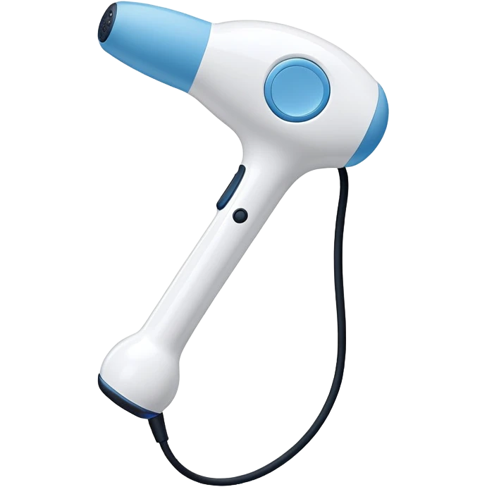 a white handheld massager with a rounded, padded head and a long handle. The handle features a blue accent area with a small black switch in the center, and a cord emerging from the bottom. The head is slightly larger than the handle and attached with a short blue neck emoji