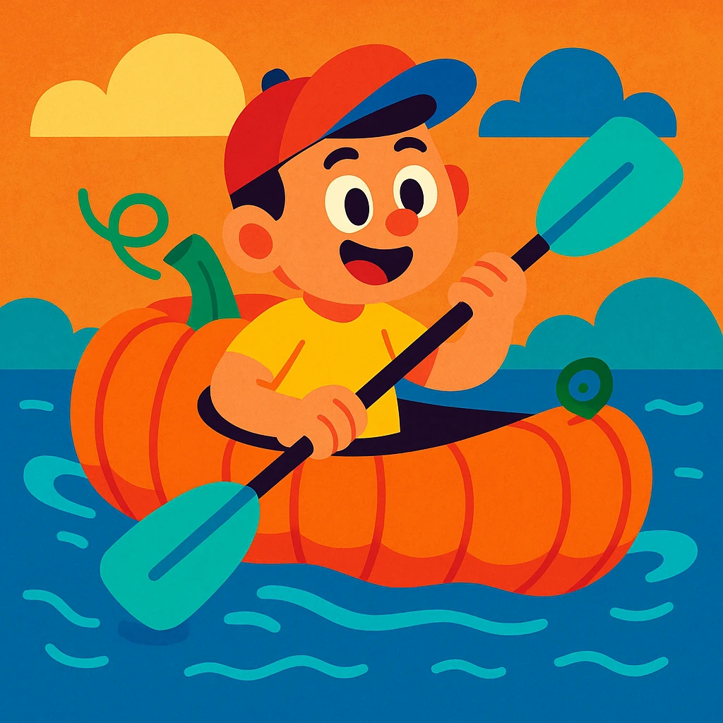 a cartoon character paddling a kayak shaped like a pumpkin, vibrant toon style, cheerful and playful emoji