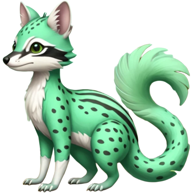 Feral Rare Fantasy  pastel-seafoam-green Hunter-forest-green  Vernid-Gremz-Numbat-Sergal-Genet-Trico-species by LiLaiRa, random markings, tufted tail, tufted ears, full body emoji