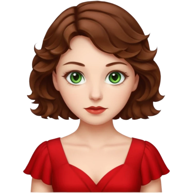 Green eyes,mi-short brown wavy hair,white skin tone,wearing red dress emoji