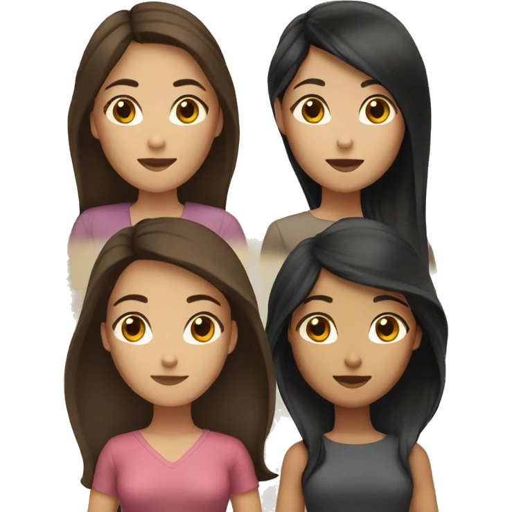 3 women, 2 black with dark hair, brown eyes, 1 asian woman, long brown hair, brown eyes emoji