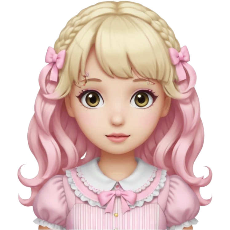 pale girl, curly blonde and baby pink hair, bangs, grey eyes, doll makeup, light pink lolita hime gyaru dress, emoji style emoji