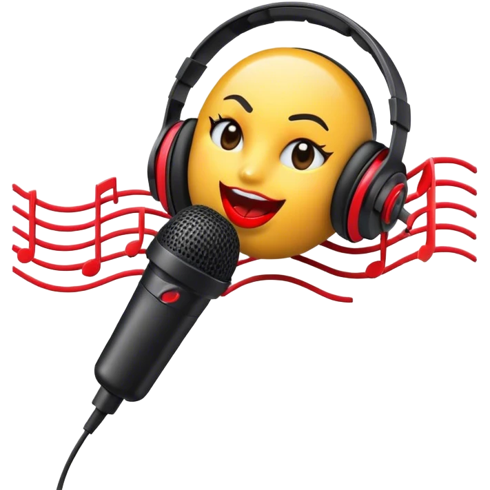 Create a dynamic and energetic emoji that represents beatboxing. The design should feature a stylized microphone with lips and sound waves emanating from it, symbolizing vocal percussion and rhythm. Add elements like headphones or a subtle speaker to emphasize the music production aspect. Use bold colors like black, white, and red to convey the intensity and creativity of beatboxing. The background should be transparent. emoji