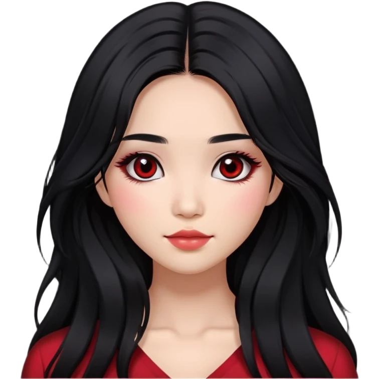 Asian girl with very long shaggy black hair, big dark eyes. middle part hair. long lower lashes, cheekbones with red blush. big dimples. simple dark makeup.  emoji