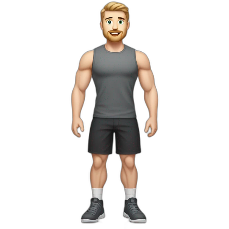 Full height Pale skinned fit man With biceps, Realistic eyes and mouth, light brown hair and stubble In dark gray sleeveless mike, black oversize sports shorts, watch and white sneakers. emoji