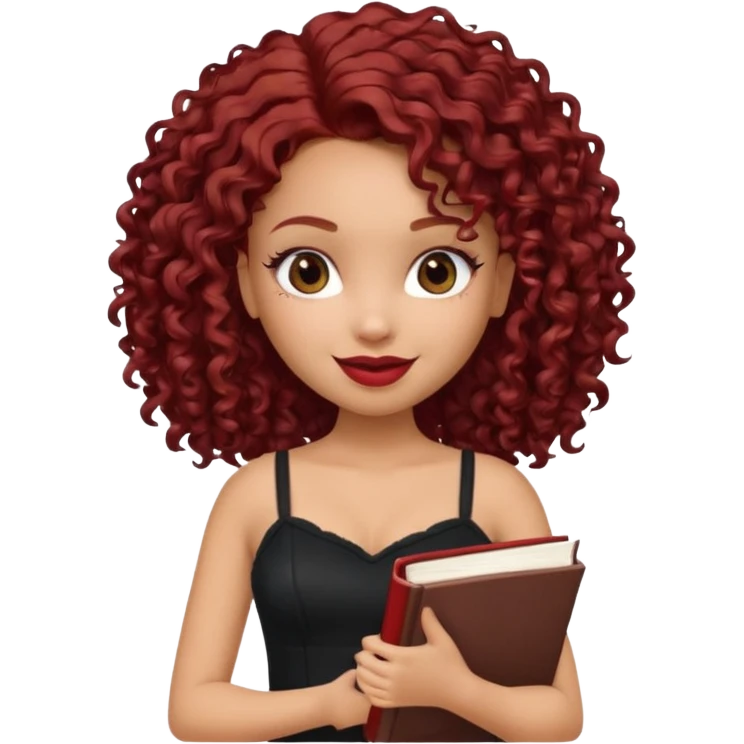 generate a pretty bratz girl curly dark red hair, brown lipstick on, smiling. Book in hand, wearing a black cami top. emoji