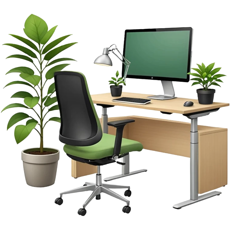 An ergonomic office setup with a height-adjustable desk and a large flat monitor on top. Next to it, a modern ergonomic swivel chair with supportive backrest, and a small potted plant placed on the desk or floor to add a healthy touch emoji