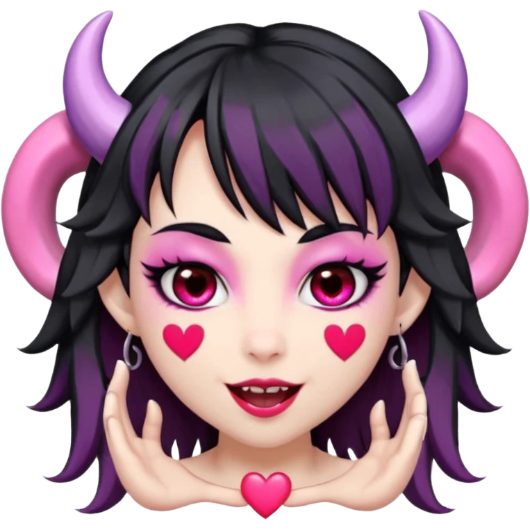 succubus,-pink-irises,-heart-pupils,-black-shaggy-hair,-straight-across-fringe,-grey-skin,-white-horns-curving-towards-forehead,-succubus-horns,-flirty-smile,-full-lips,-black-lips,-cute-fangs emoji