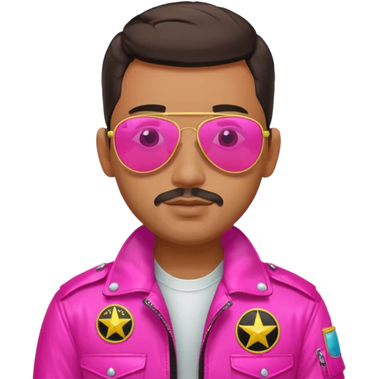1980s cool man with stubble wearing reflective neon pink aviator sunglasses and a pilot topgun jacket emoji