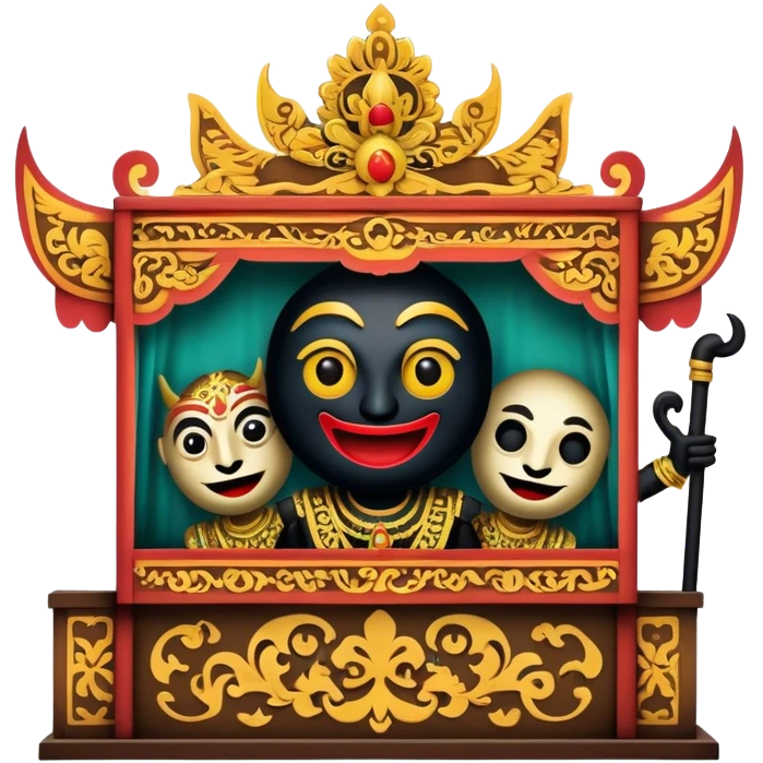 Cinematic Realistic Wayang Kulit Pop Culture Emoji, featuring a vibrant shadow-puppet theatre scene rendered with dynamic textures and artistic, traditional lighting. emoji