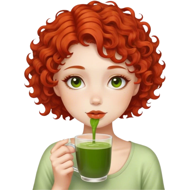 Curly red short hair girl drinking matcha emoji