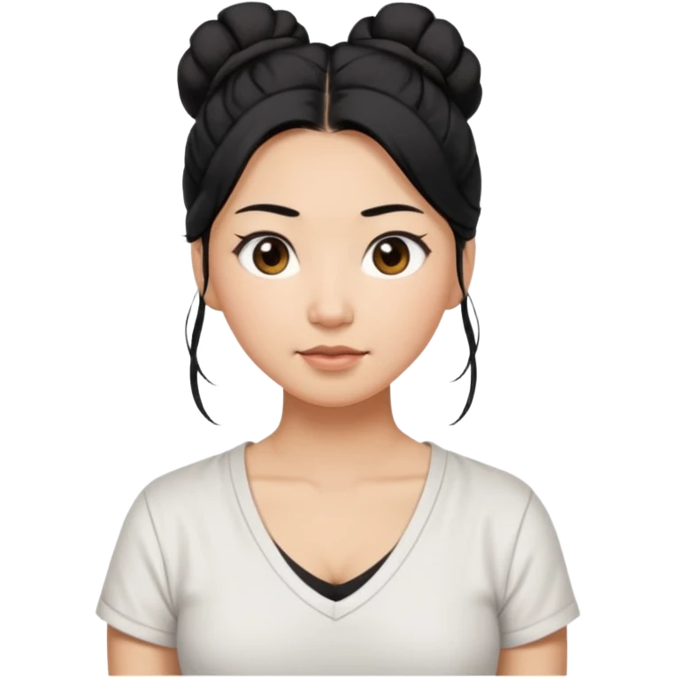 asian mom with long black hair tied in up in a messy bun and big brown eyes emoji in a white v neck shirt emoji