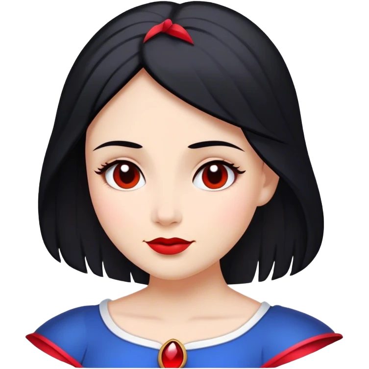 Cinematic Majestic Snow White Portrait Emoji, rendered in a clean, vector-style with bold, simplified shapes. Show Snow White with a serene, noble expression, radiant porcelain skin, and elegantly styled raven hair accented with subtle red highlights, her attire simple yet refined. The design radiates a majestic, pure glow with high shine and a soft glowing outline, embodying classic royal beauty. emoji