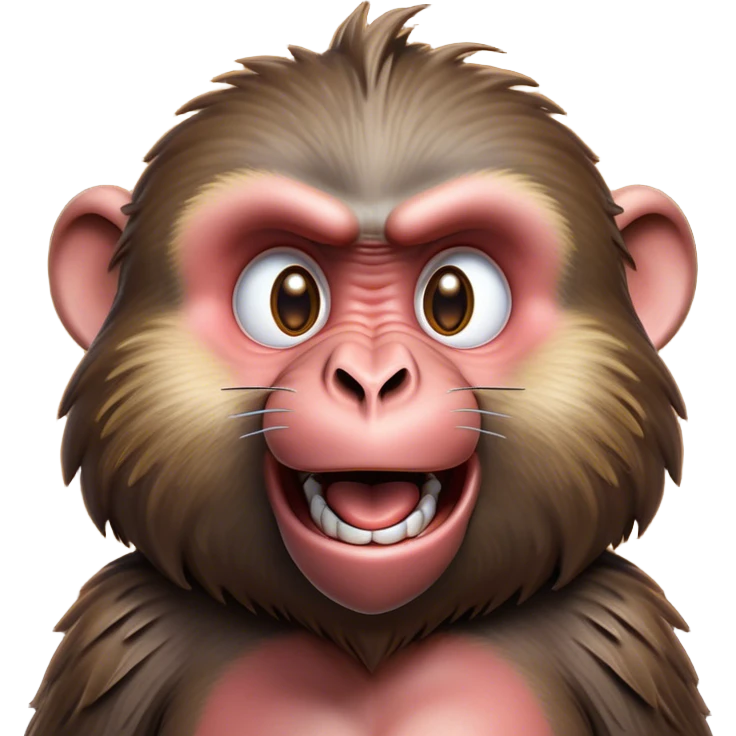 Cinematic Comical Baboon Portrait Emoji, Head tilted dramatically with an exaggeratedly amused expression, featuring a strikingly textured Fur of deep browns with wide, expressive eyes filled with playful disbelief, Simplified yet hilariously expressive features, highly detailed, glowing with a slightly sassy glow, high shine, dramatic yet playful, stylized with an air of cheeky mischief, bright and endearing, soft glowing outline, capturing the essence of a spirited and over-the-top baboon, so meme-worthy it feels like it could chatter its way into internet fame instantly! emoji