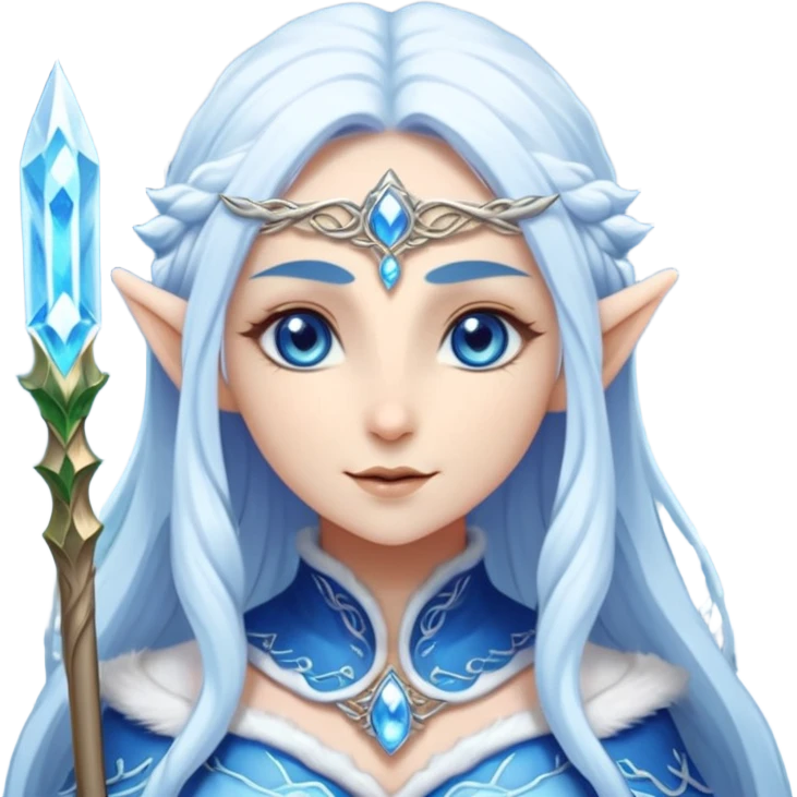 Legendary fantasy Christmas elf portrait icon, Santa Claus and Snow Maiden inspired, ancient winter spirit style, long flowing white-blue hair, glowing frost eyes, crystal staff, elegant elven features, divine winter magic aura, icy silver color palette, highly detailed but clean emoji icon emoji