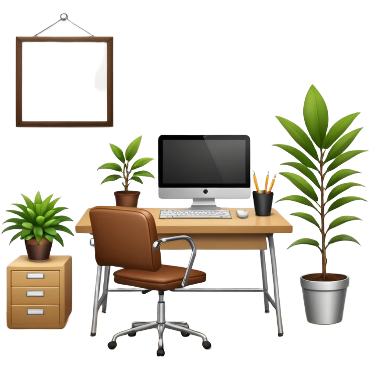 imagen de una oficina moderna con escritorio, silla, notebook, agenda y una planta con un cartel que diga en español ESTARÉ FUERA DE OFICINA emoji