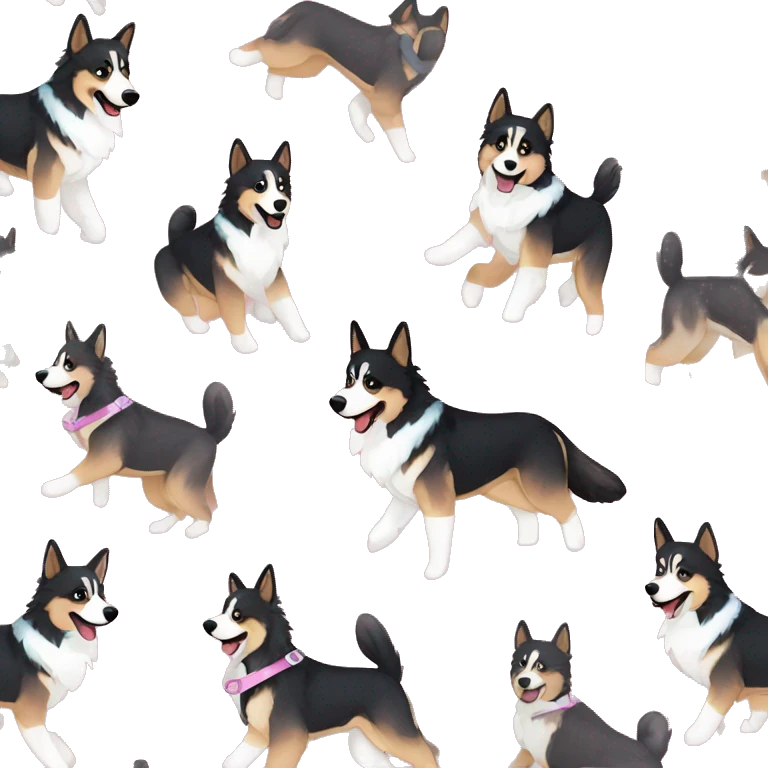  Black spotted brindle German shepherd husky fluffy ears and holographic harness running emoji
