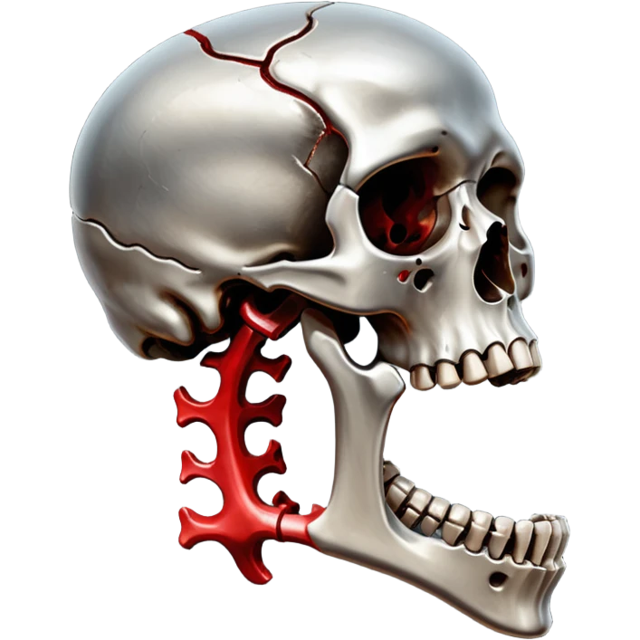 metallic anatomic bones with traces of blood, steel texture, dark dramatic tone, clean background emoji