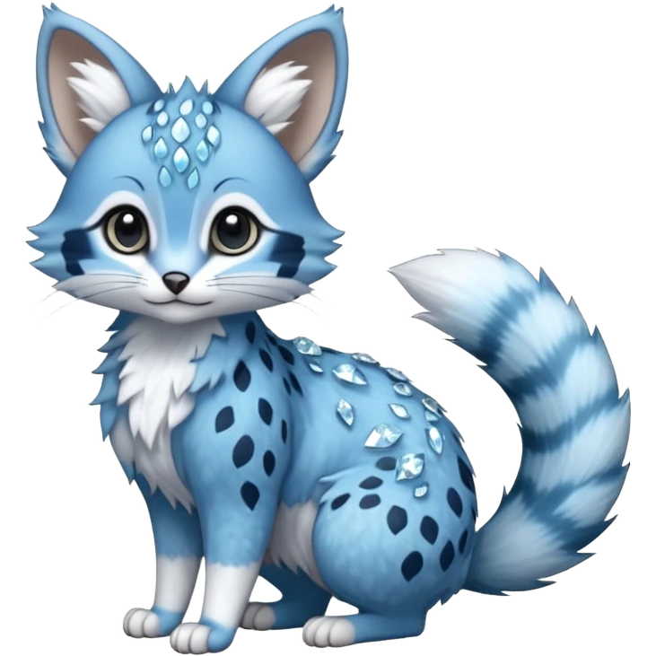 Hyper realistic  glacier-blue fur edged in frost-crystal lace and diamond sparkle dust beautiful elegant pretty precious cute  Fakémon-Pokémon-opossum-feline-serval-caracal-chinchilla-Furret-Minccino-hybrid-creature with a big fluffy bushy tail (full body) emoji