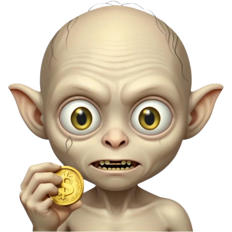 Gollum with big eyes holding a coin emoji