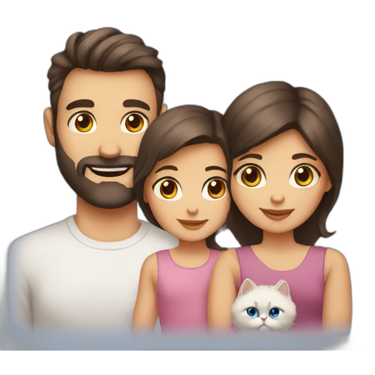 Family of three dad with brown eyes mother with blue eyes baby girl and one Persian cat emoji